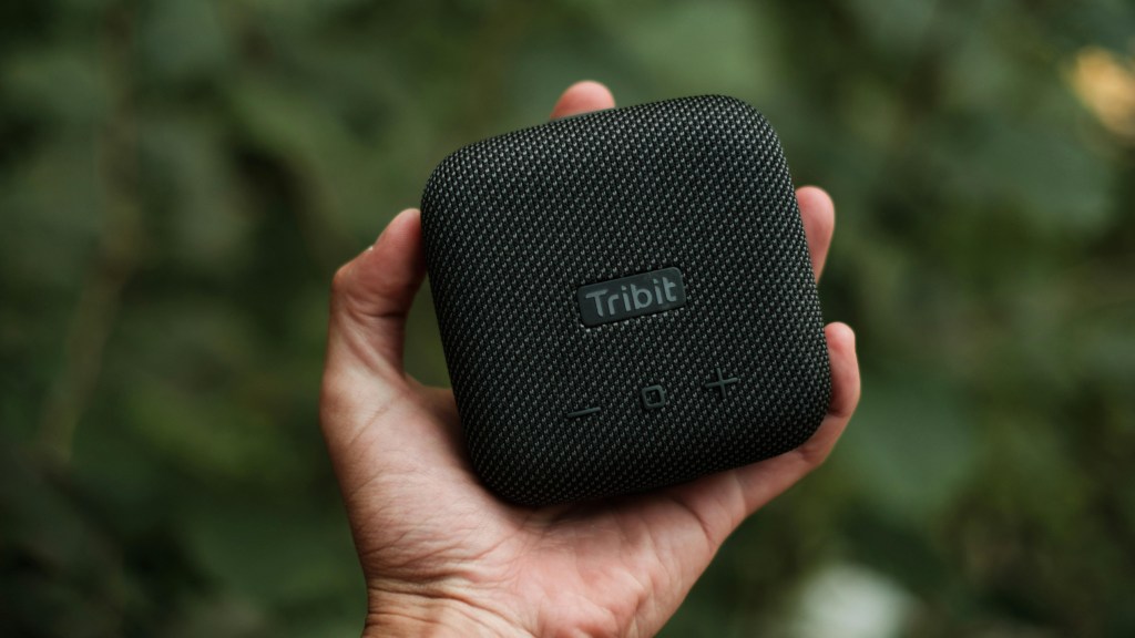 A person with a portable speaker in hand.